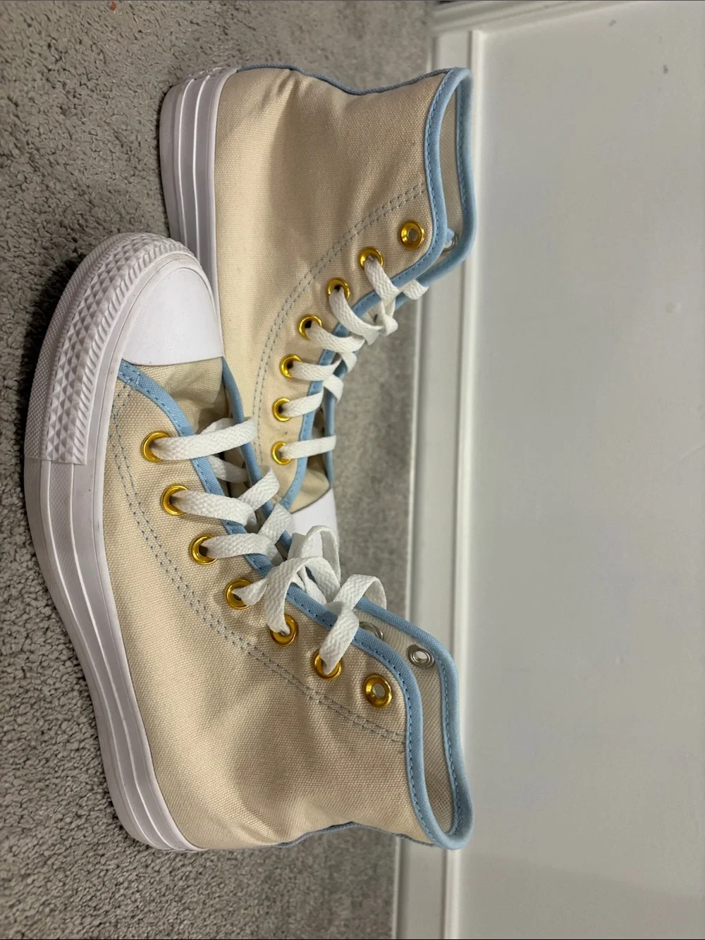 Converse Cream High-Top Sneakers with Light Blue Trim and Gold hardware (no box)